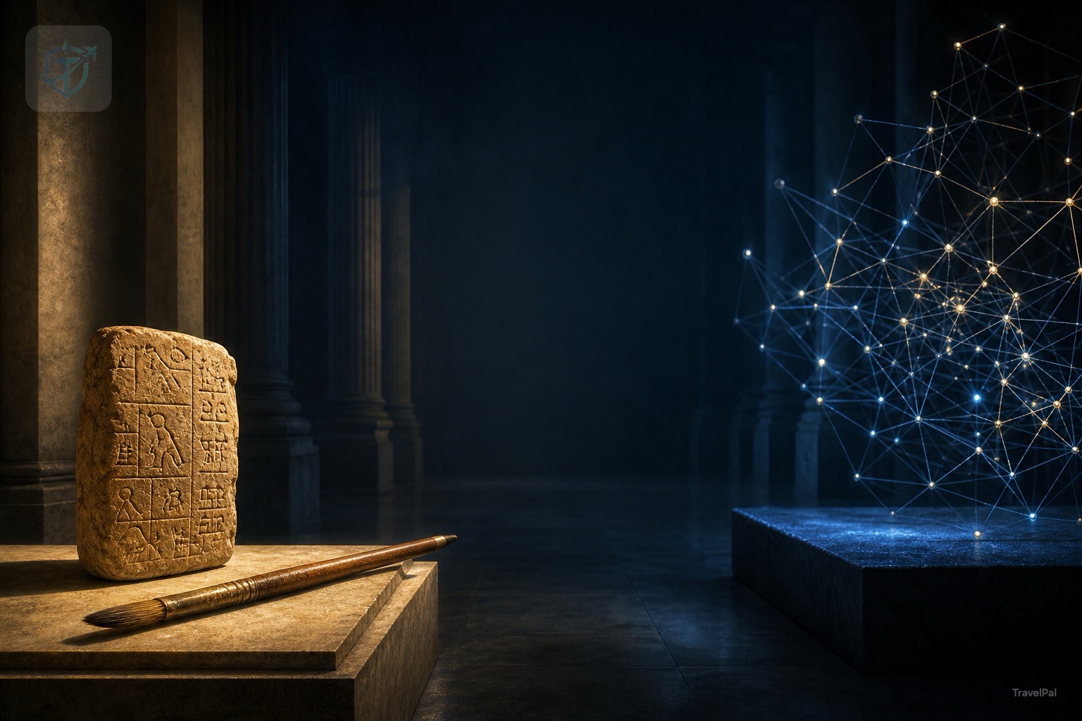 An ancient carved tablet and paintbrush facing an abstract network of light in a dark gallery