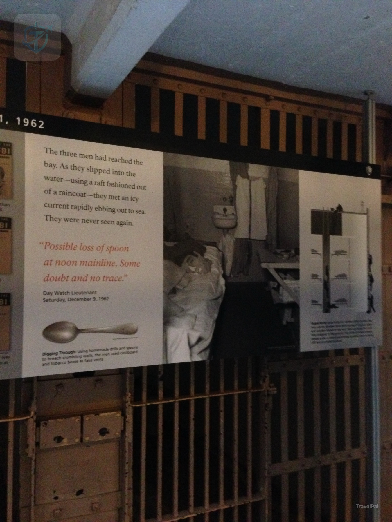 Alcatraz 1962 escape display with photographs and a cell image