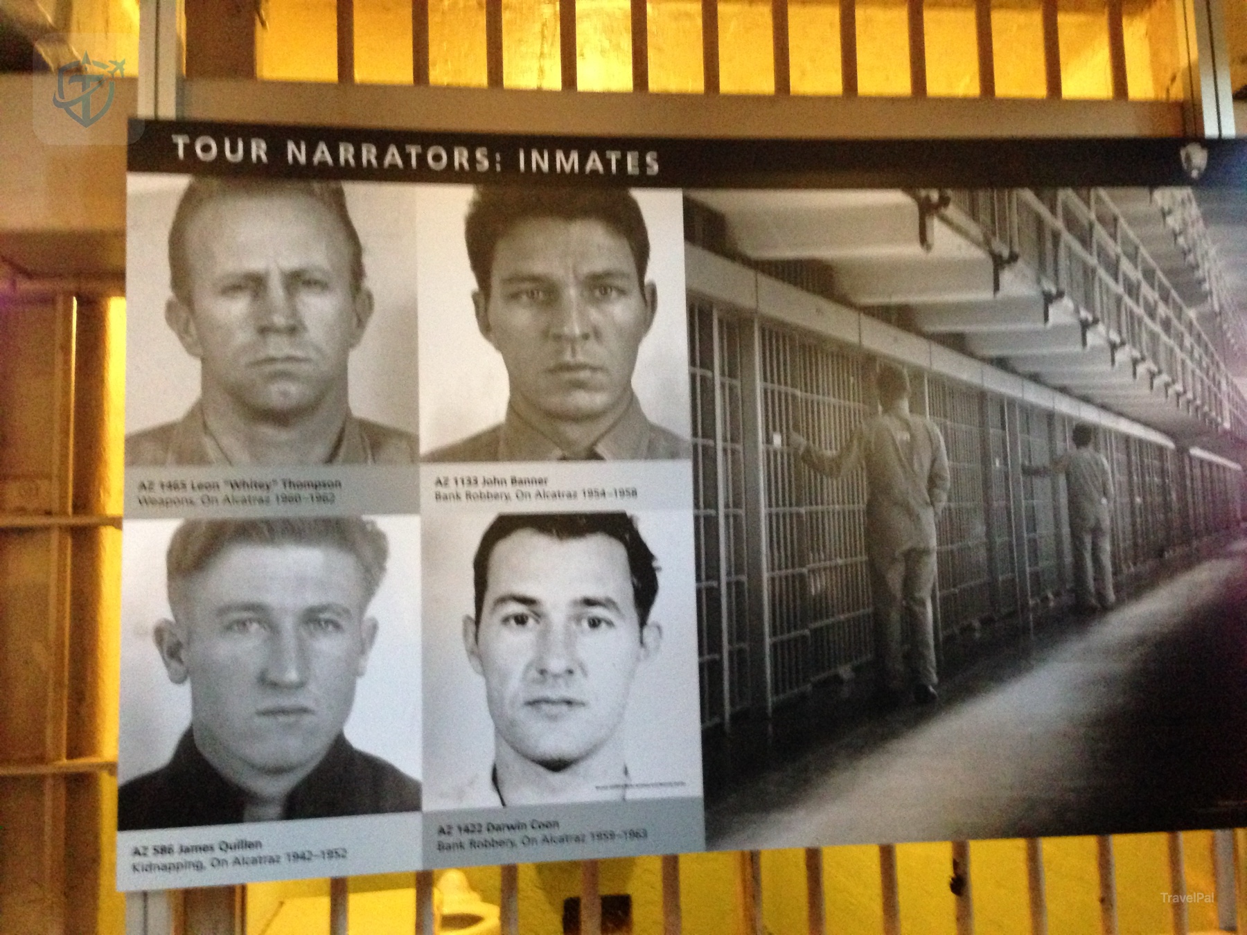 Alcatraz audio tour exhibit featuring inmate narrators along a cell corridor