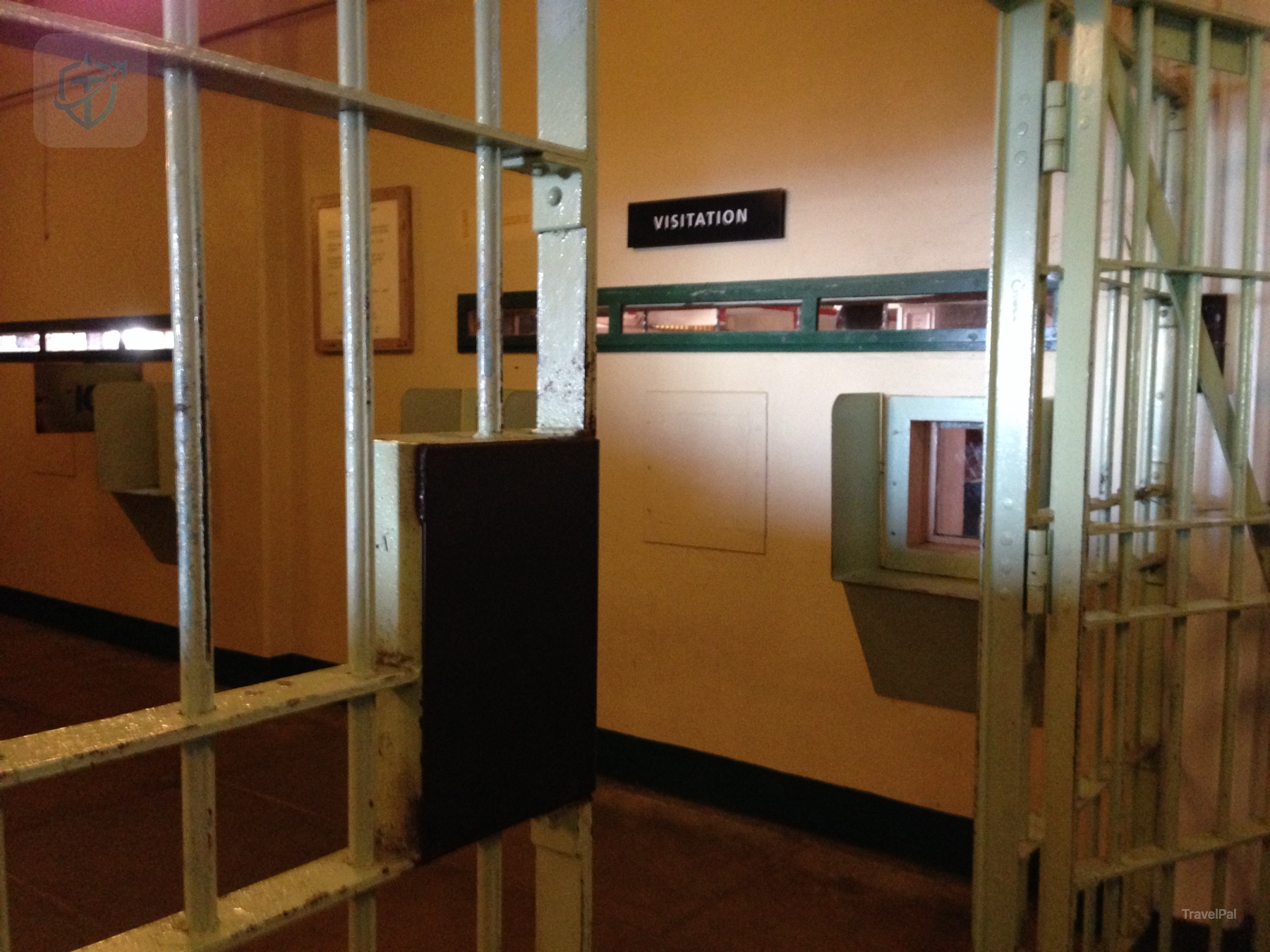 Alcatraz visitation room seen through metal framing