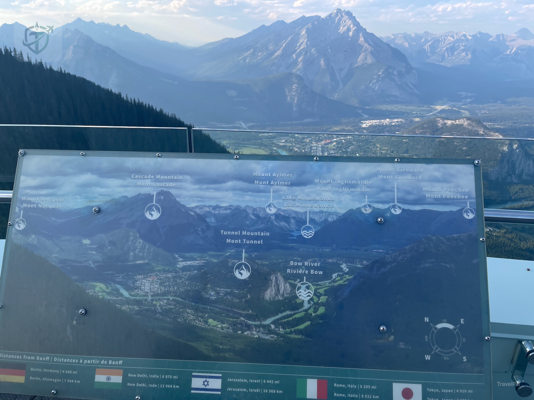 Mountain identification sign and Bow Valley panorama at the Banff Gondola summit