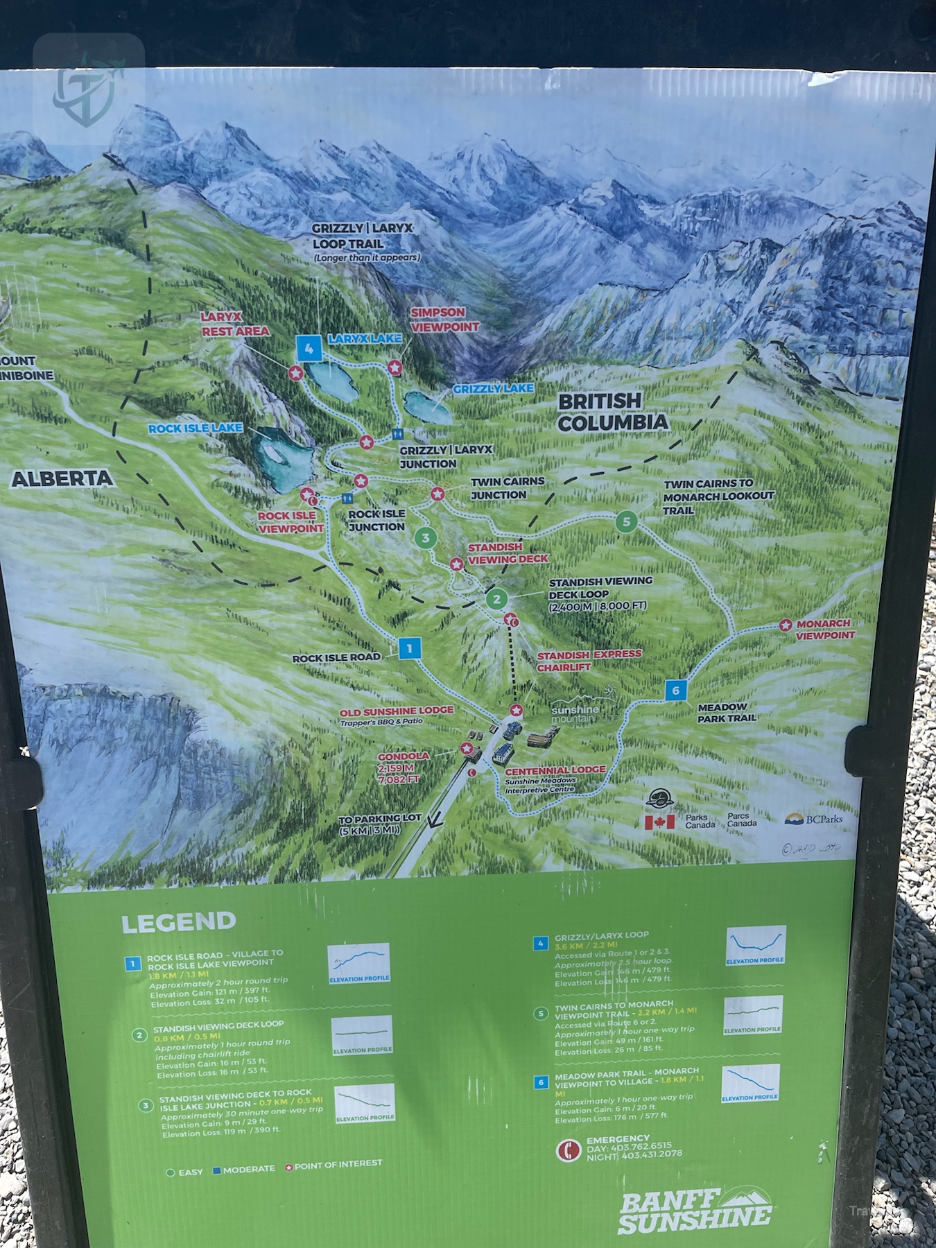 Sunshine Meadows trail map showing lakes, viewpoints, gondola, and walking routes