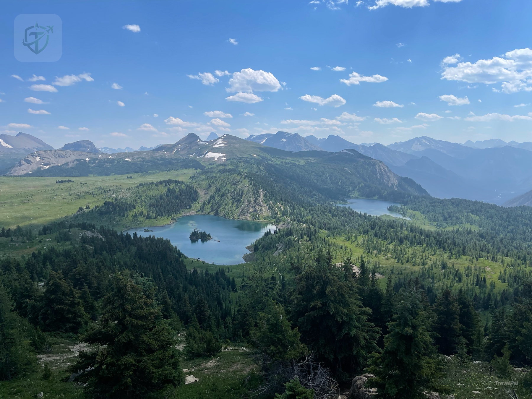 Rock Isle Lake and the mountains viewed from Sunshine Meadows above Banff