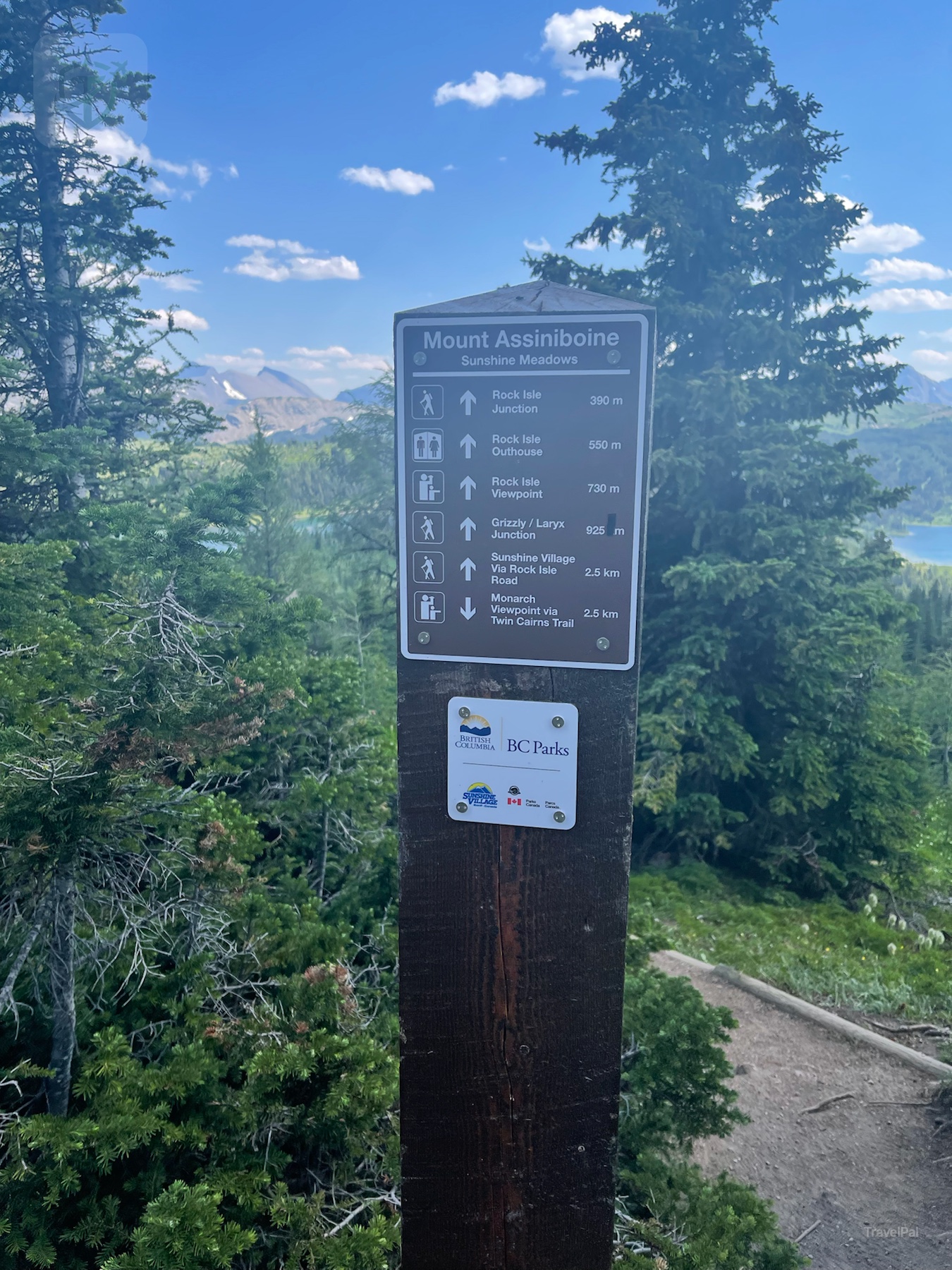 Sunshine Meadows sign pointing toward Rock Isle, Grizzly and Larix Junction, and Sunshine Village