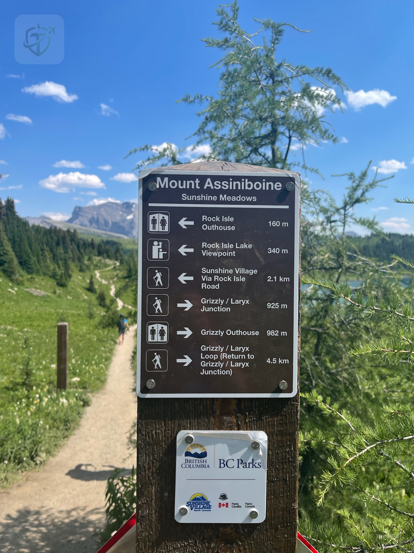 Sunshine Meadows direction sign with distances to Rock Isle Lake and Grizzly Larix Loop