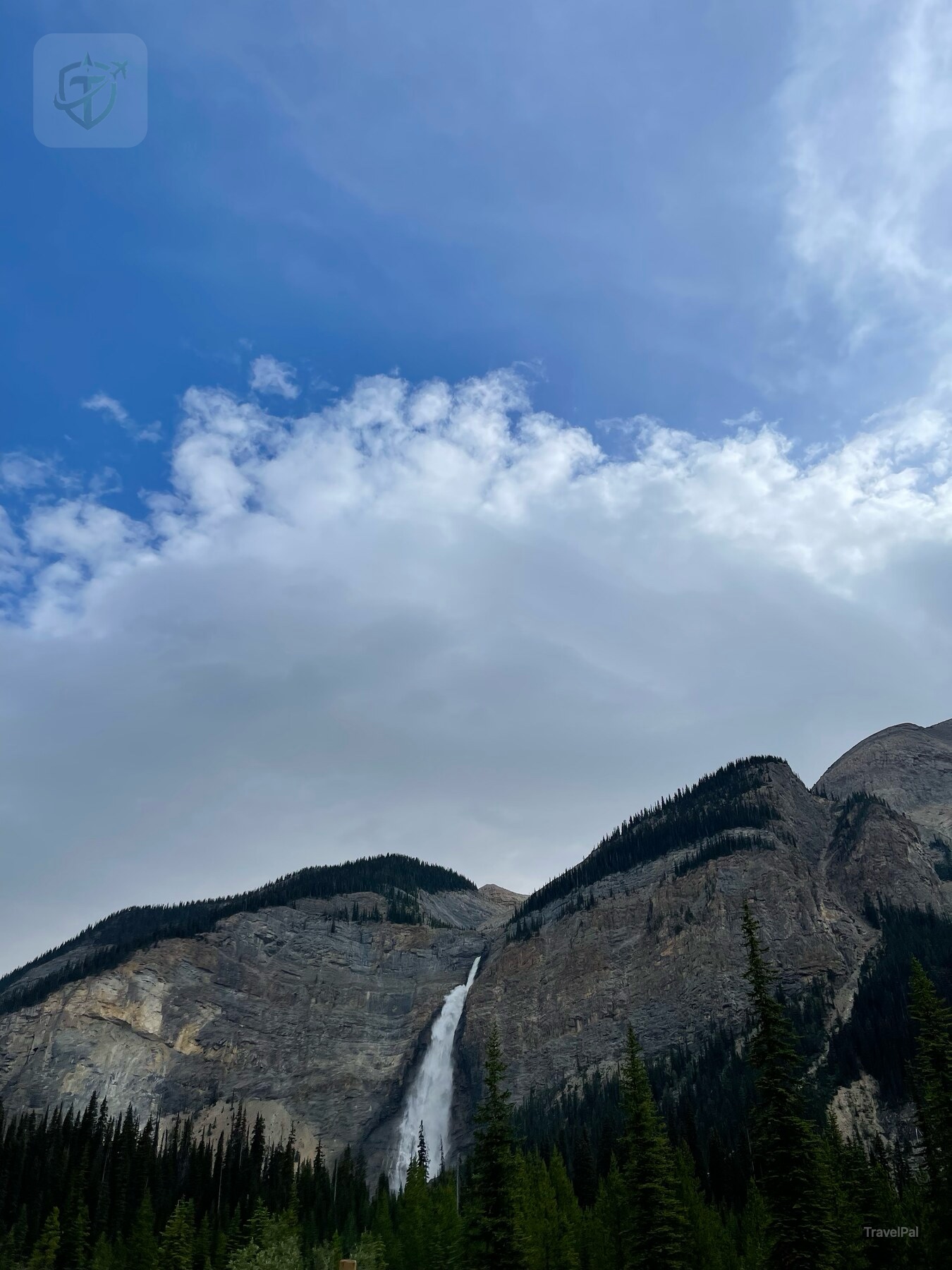 Waterfall and gray mountain cliffs above a forest in Yoho National Park