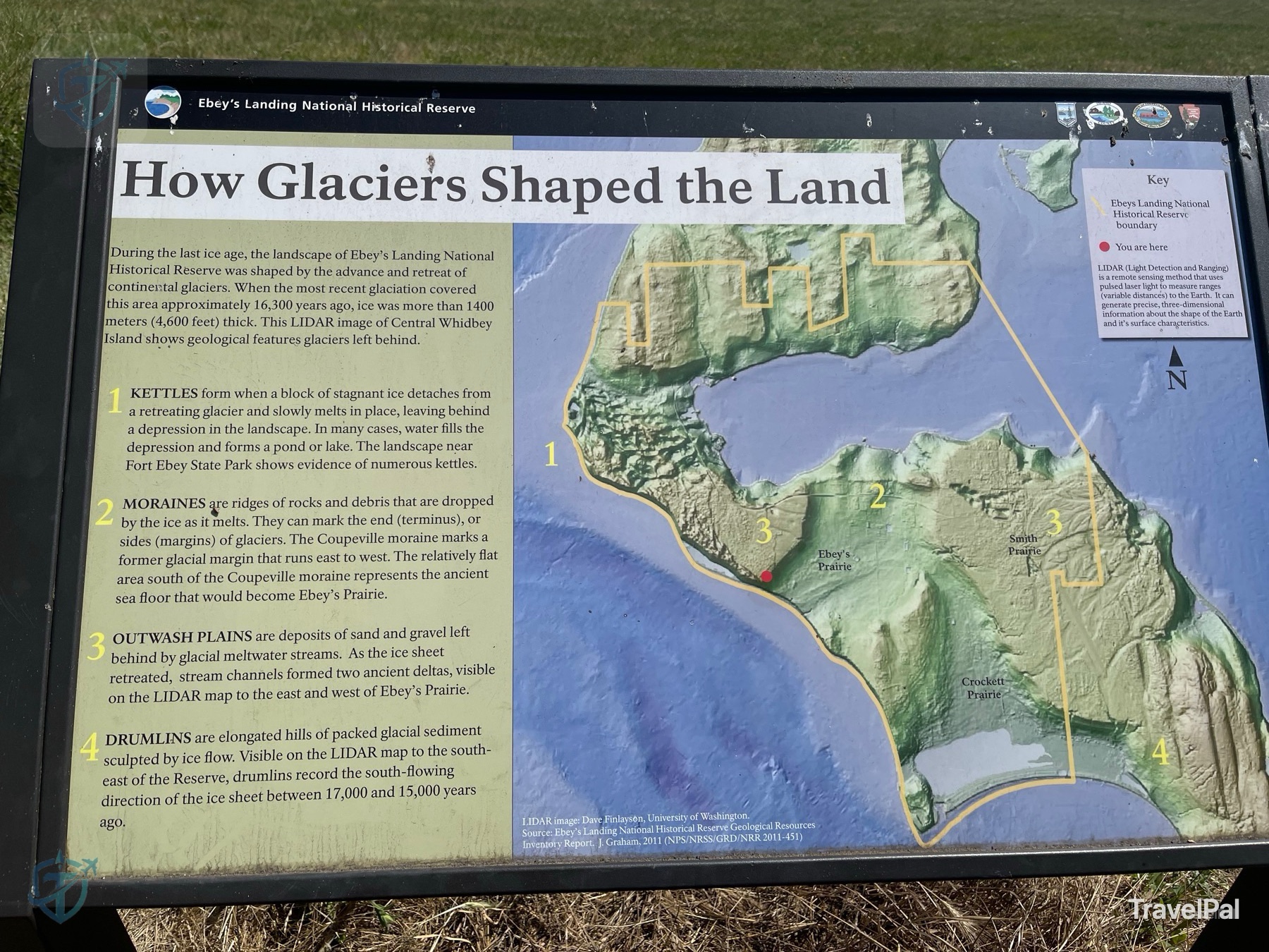 Interpretive panel showing the glacial landforms of Ebey’s Landing National Historical Reserve