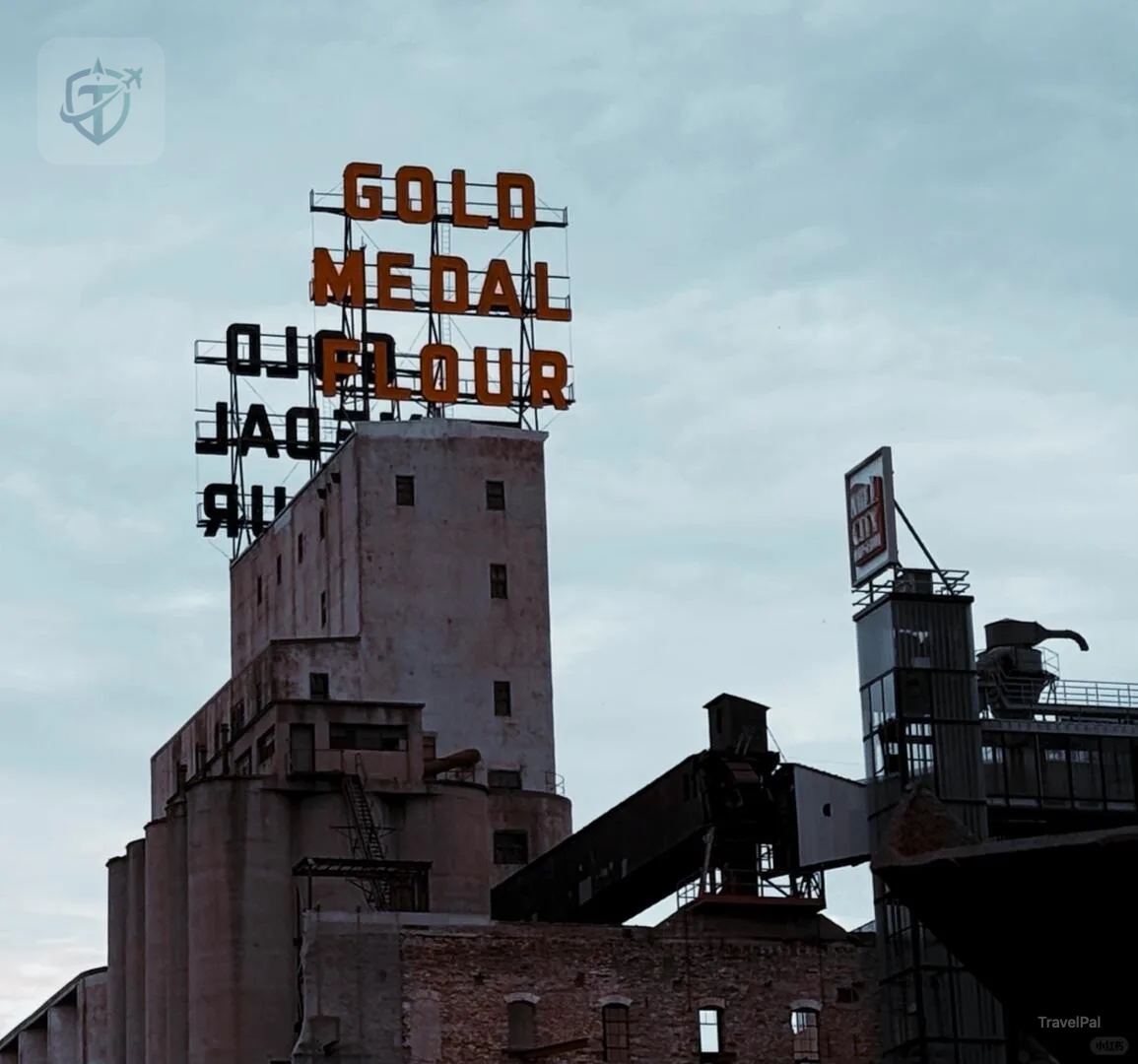 Historic Gold Medal Flour sign rising above the Minneapolis mill district