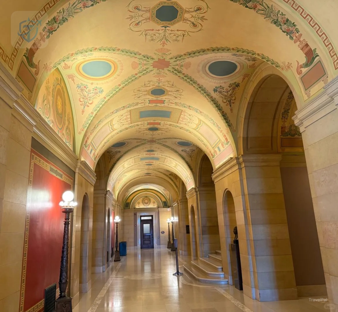 Long vaulted marble corridor inside the Minnesota State Capitol