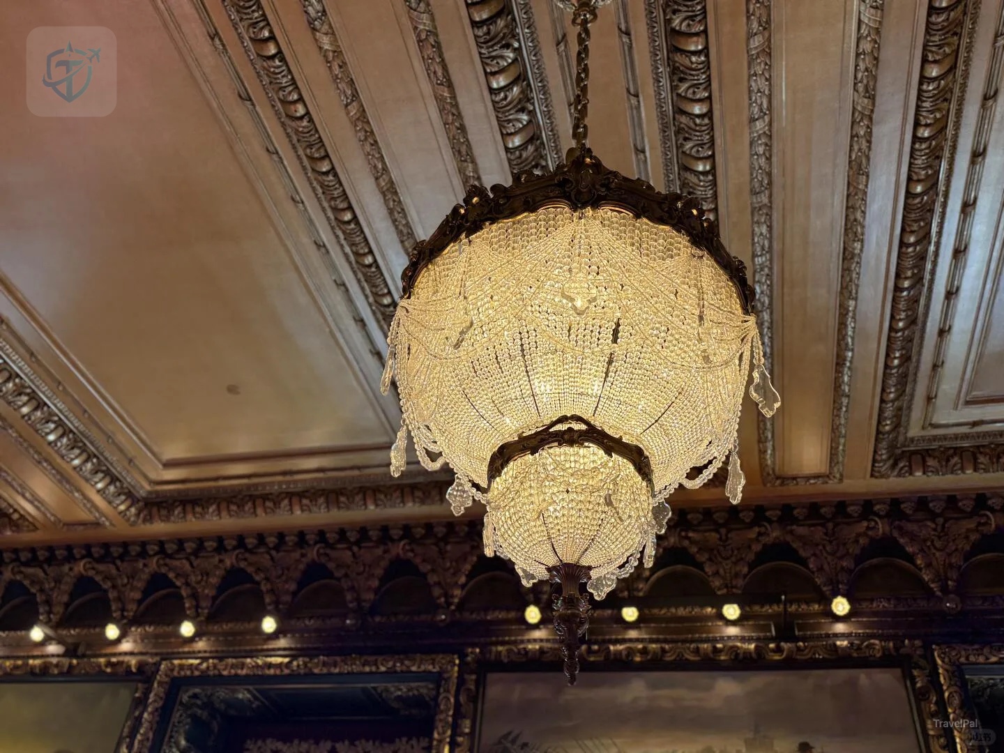 Historic glass chandelier and ornate ceiling in the Minnesota Capitol Governor's Reception Room