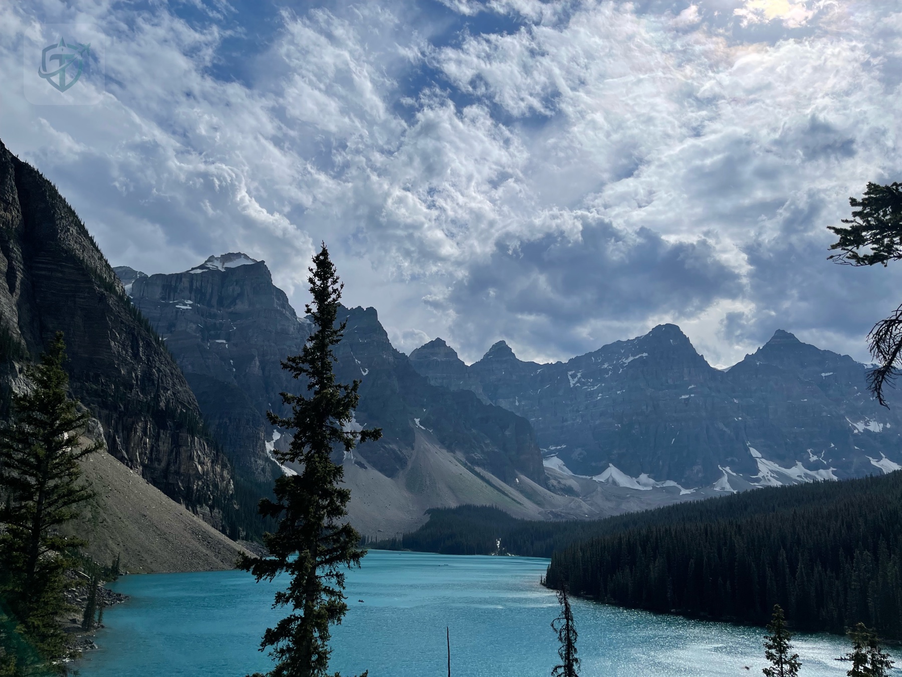 Turquoise Moraine Lake beneath the peaks of the Valley of the Ten Peaks