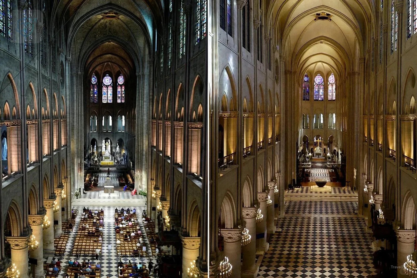 Restored pale-stone nave and choir of Notre-Dame de Paris