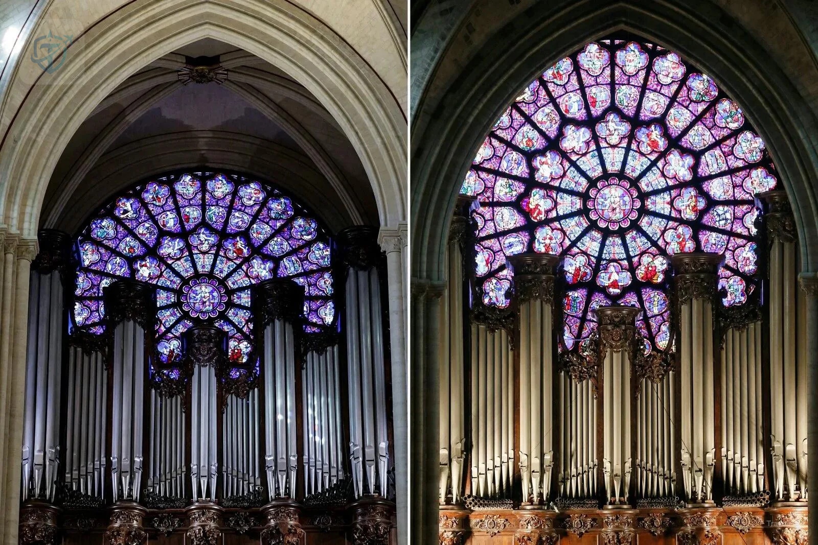 Rose windows and organ pipes inside restored Notre-Dame de Paris
