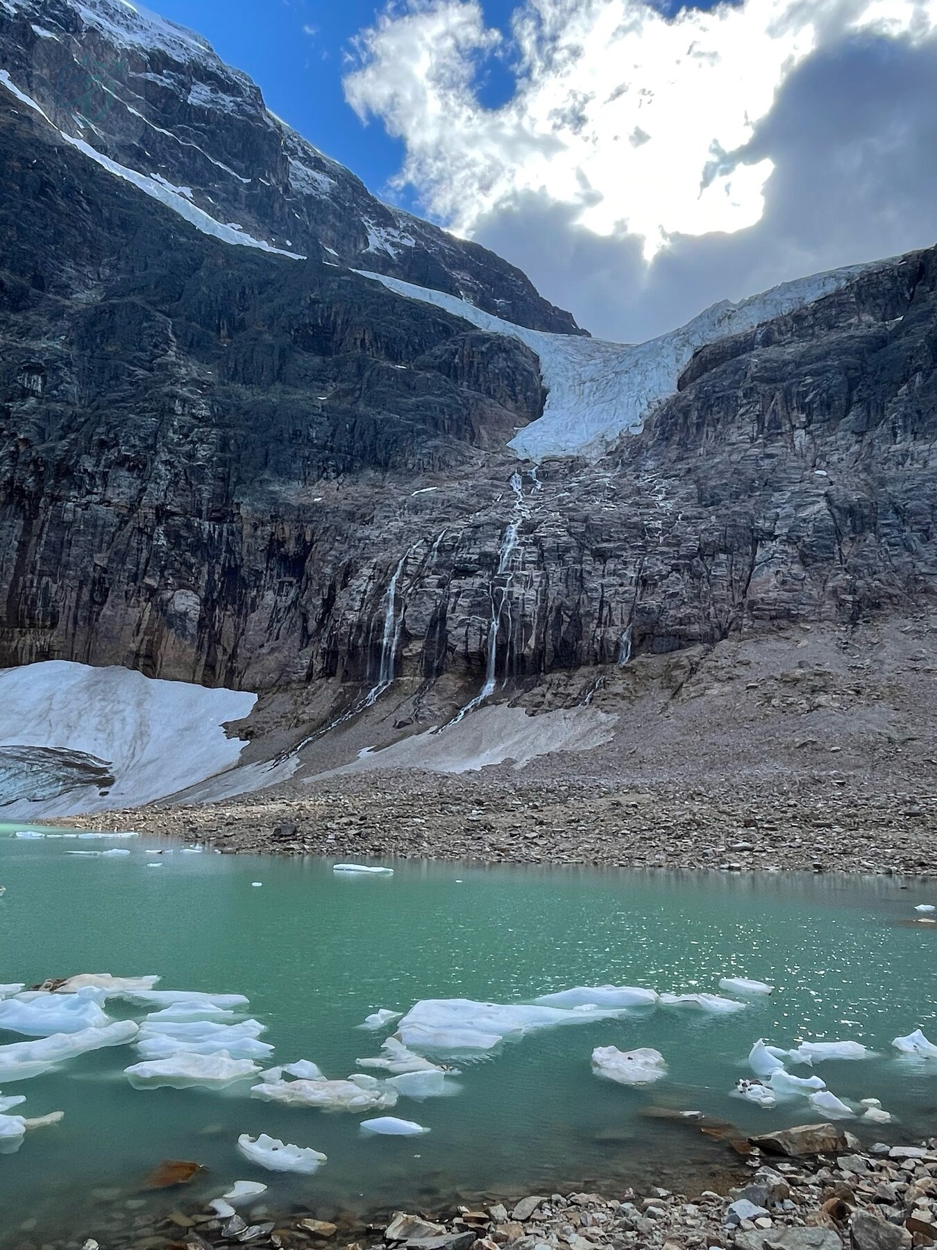 Vertical view of a blue-white glacier descending between dark cliffs