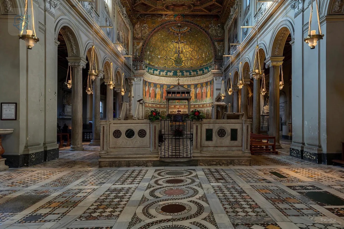 Mosaic apse and patterned floor in the Basilica of San Clemente