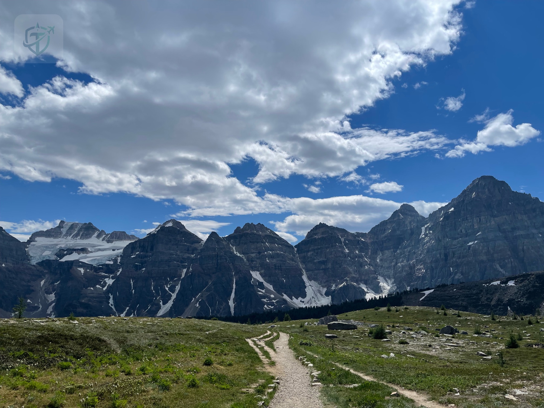 Snowy Canadian Rockies surrounding the high country above the Sentinel Pass trail