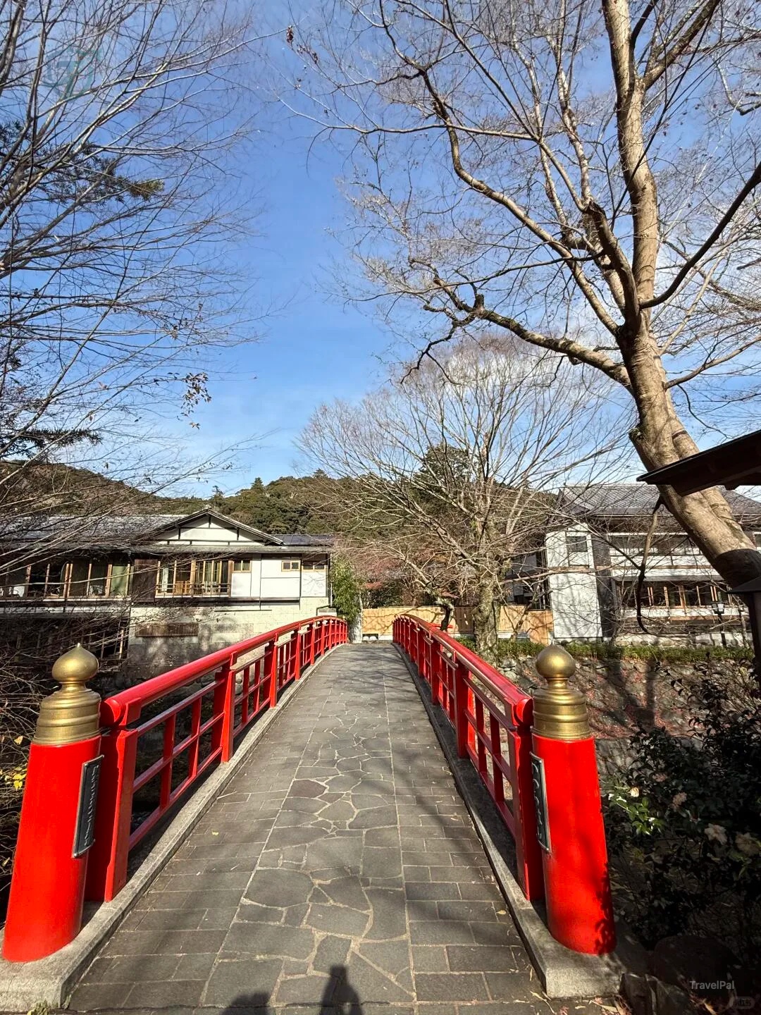 Red bridge crossing the river in Shuzenji