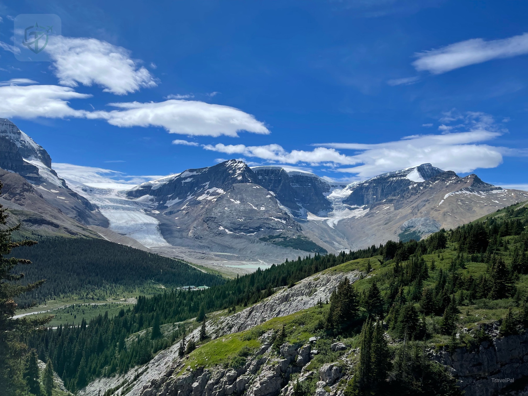 Wide panorama of mountain peaks, a forested valley and the Icefields Parkway landscape