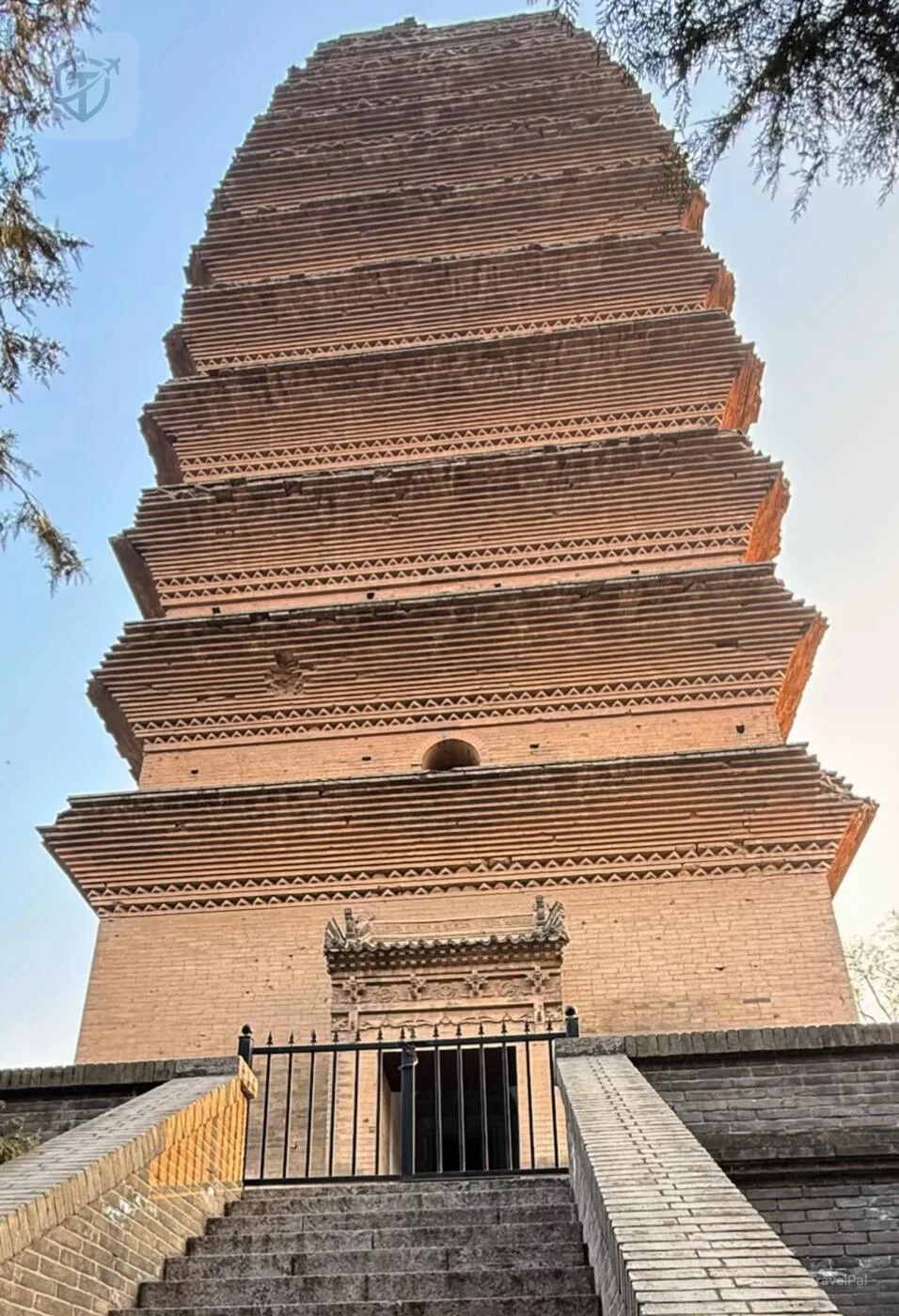 Brick tiers of the Small Wild Goose Pagoda seen from the entrance steps in Xi'an