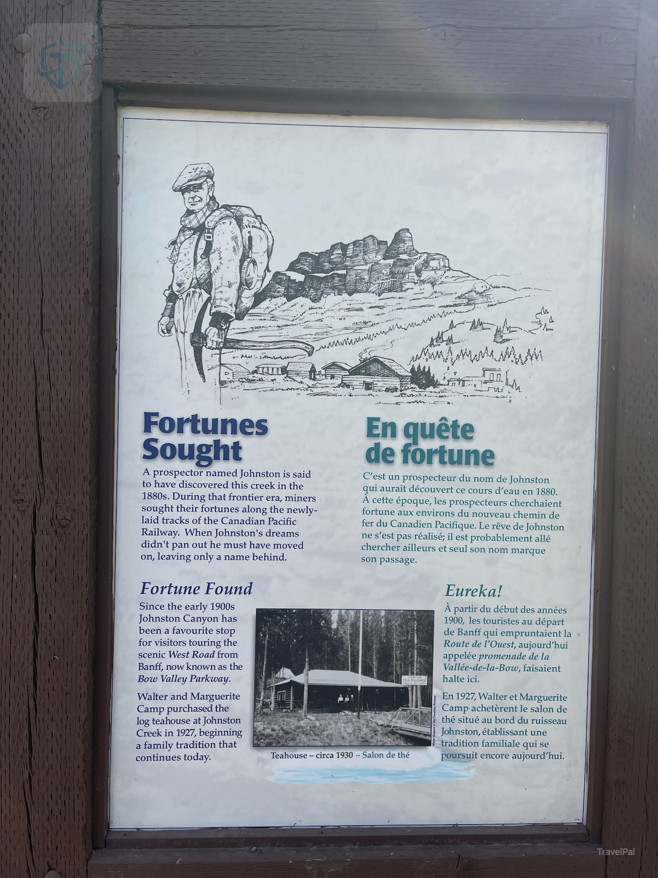 Interpretive Johnston Canyon panel titled Fortunes Sought