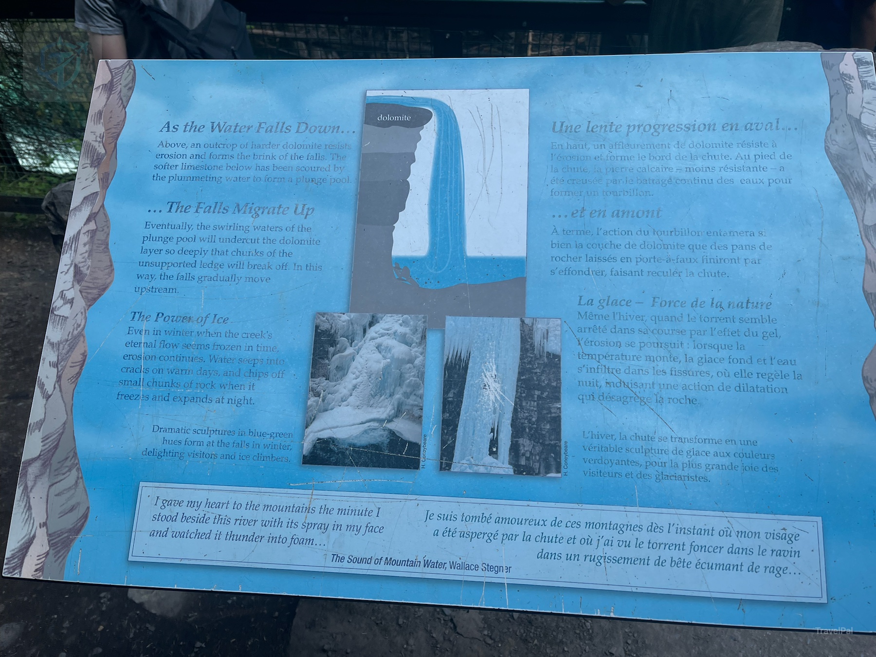 Interpretive panel explaining how water and ice shape the waterfalls at Johnston Canyon